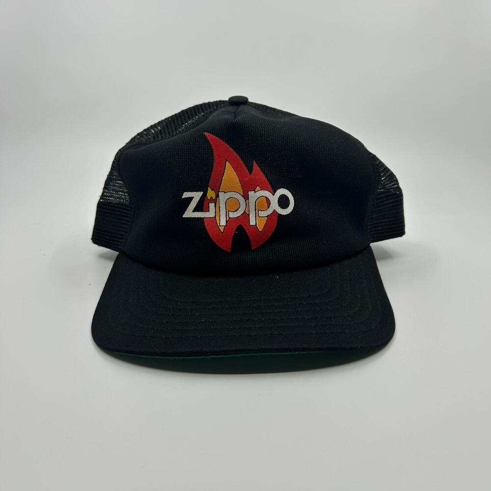 VTG 80s Black Zippo trucker hat with red and orange flame graphic